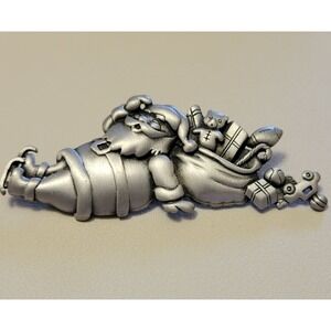 Vintage JONETTE JJ Signed Christmas Santa Presents Brooch Pin Pewter Silver 3"‎